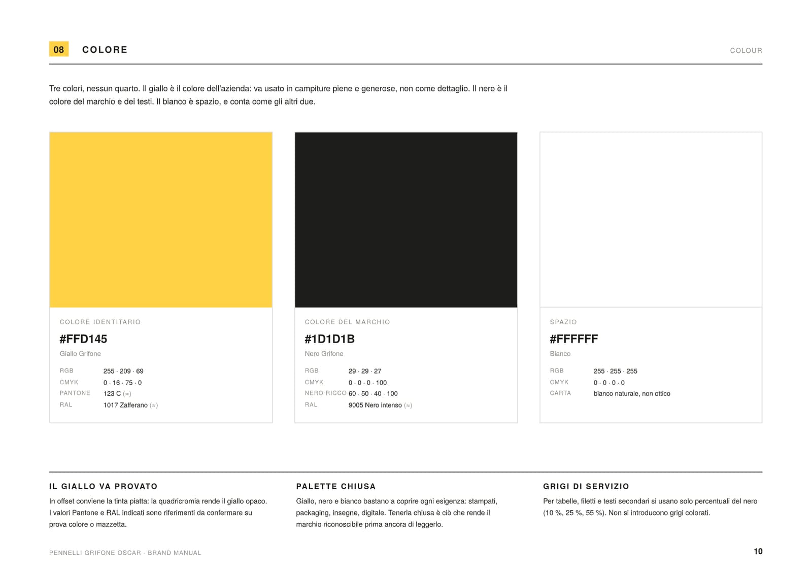 Pagina del manuale: le tre campiture di colore, giallo, nero e bianco, con i valori RGB, CMYK, Pantone e RAL.