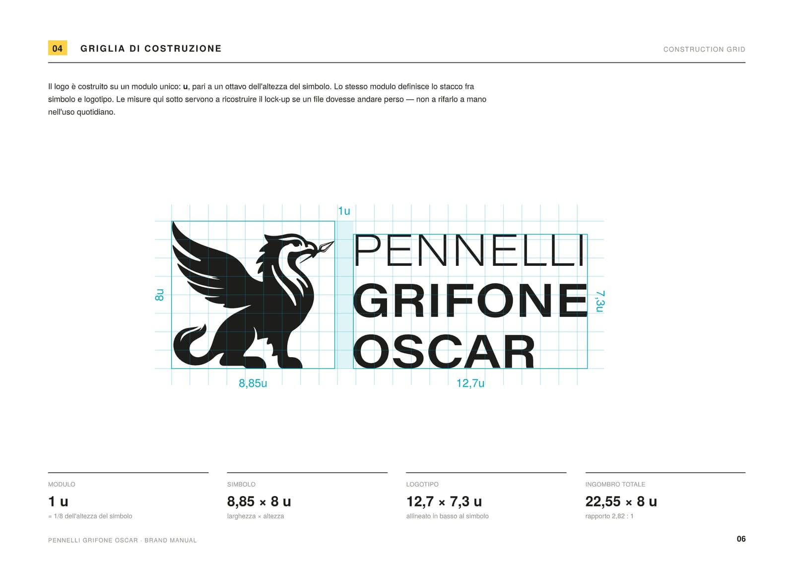 The logo construction sheet: the module, the dimensions in cyan and the overall sizes of symbol and logotype.
