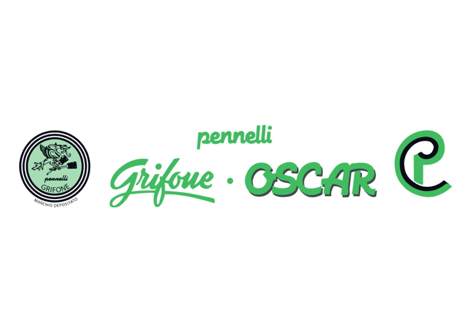 I tre segni vecchi affiancati su fondo bianco, tutti in verde: il sigillo circolare con la scritta «marchio depositato», il lettering corsivo «pennelli Grifone · OSCAR», e il monogramma.