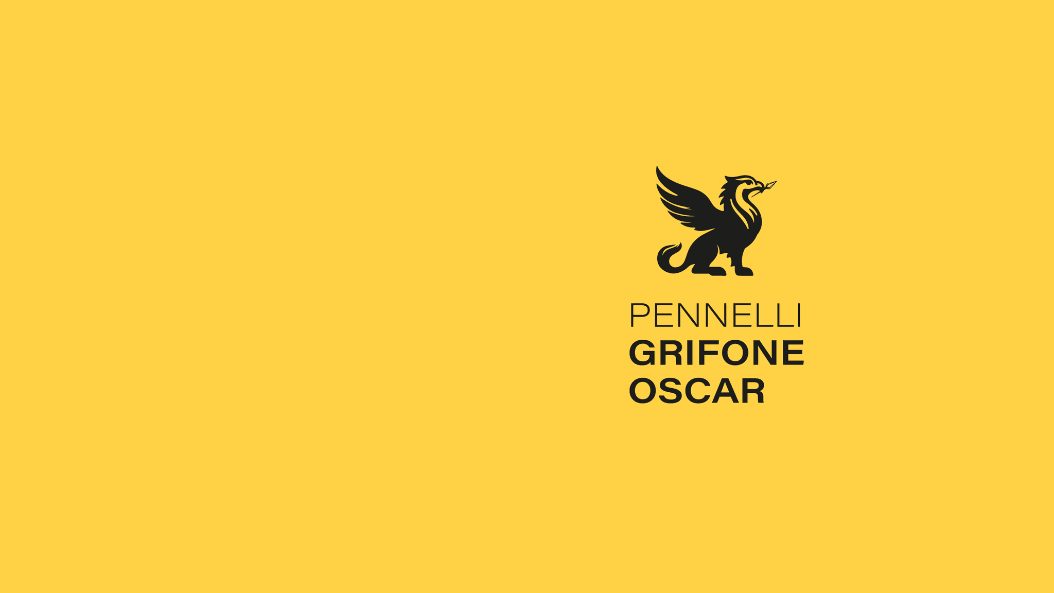 Il marchio di Pennelli Grifone Oscar in nero su un fondo giallo pieno: il grifone che stringe un pennello nel becco, e sotto la scritta «PENNELLI GRIFONE OSCAR» su tre righe.