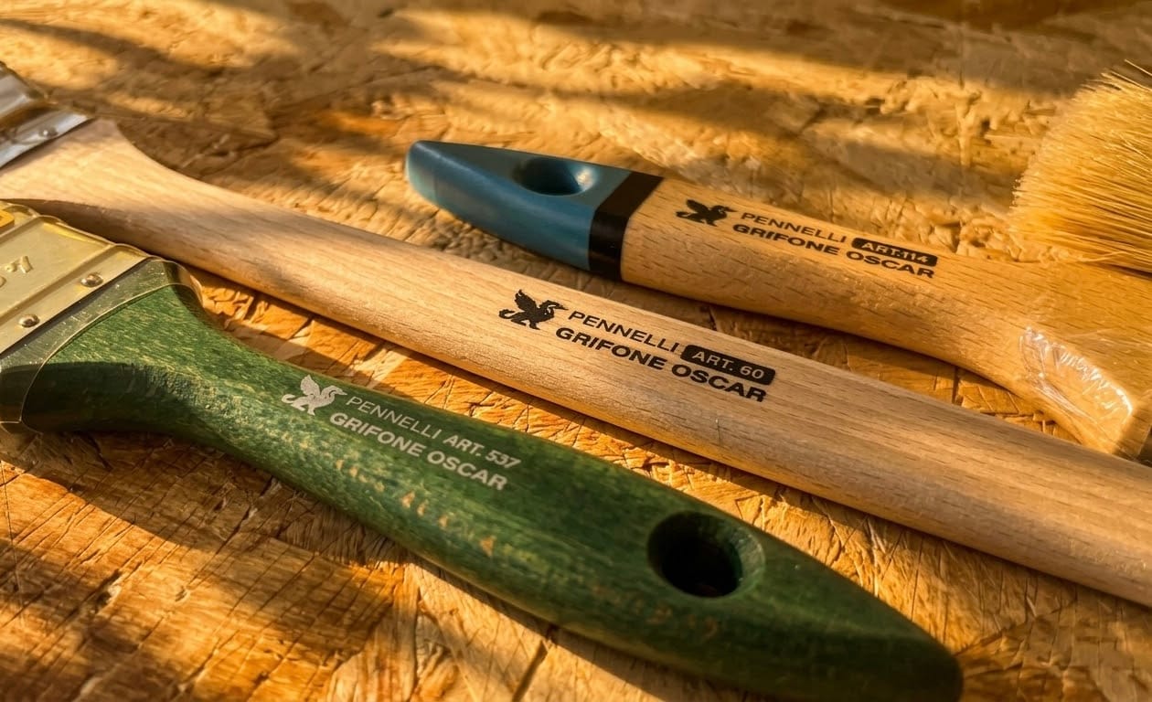 Tre manici di pennello su un piano di legno, in luce calda: su ognuno il marchio nuovo serigrafato in nero, col grifone e la scritta «PENNELLI GRIFONE OSCAR» e il numero di articolo.