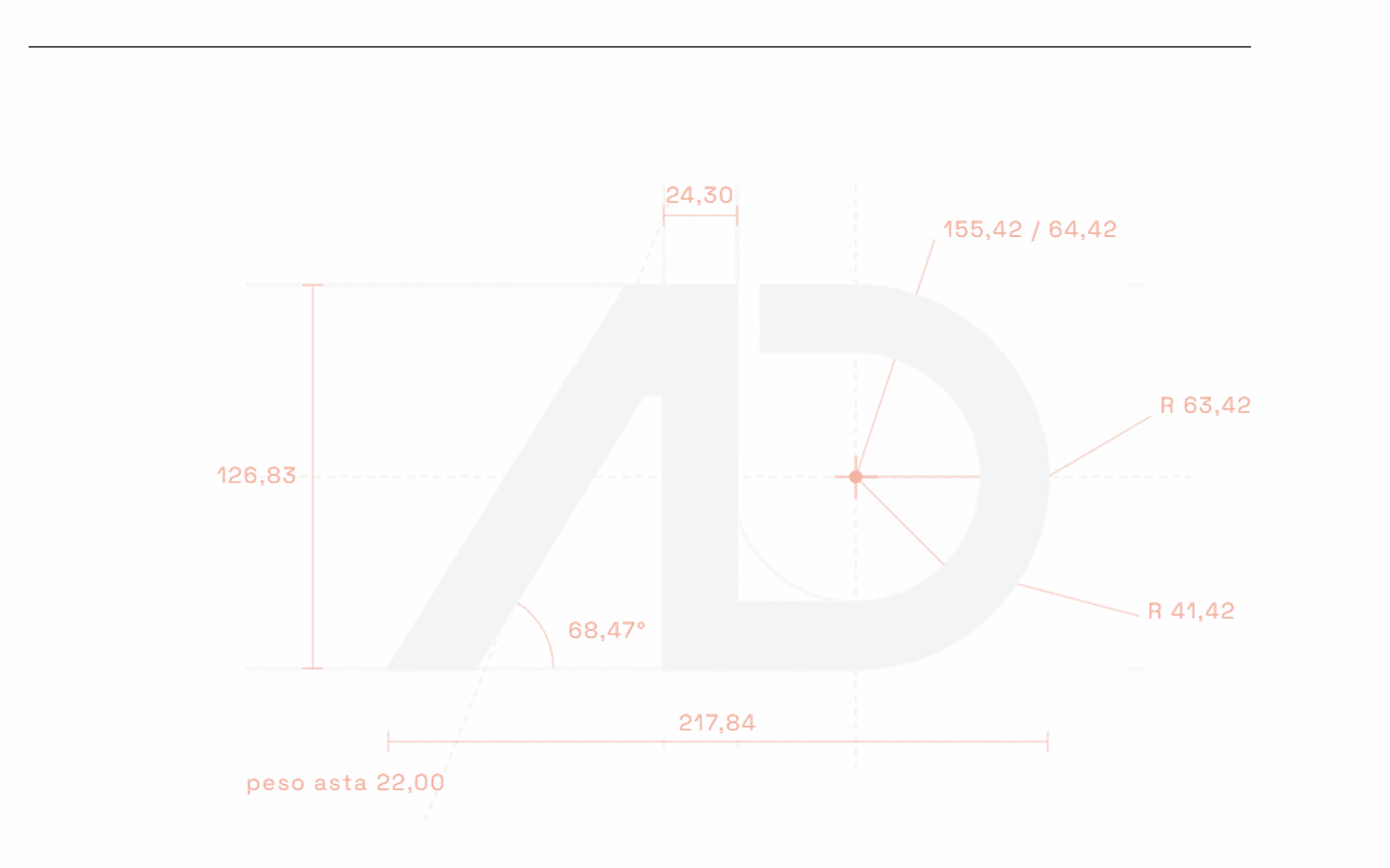 La costruzione geometrica del monogramma con raggi, angolo e quote in minio