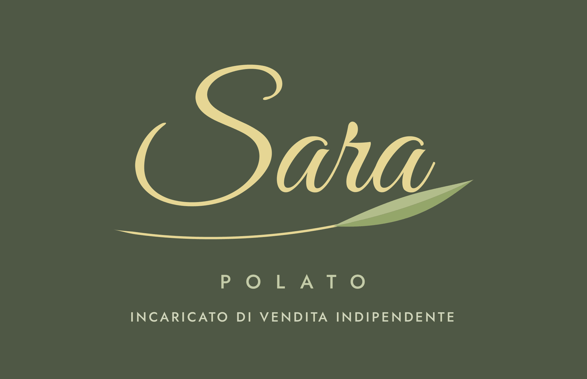 Il fronte del biglietto da visita: su un fondo verde oliva la firma «Sara» in crema con la foglia, e sotto «Polato» e «Incaricato di vendita indipendente».