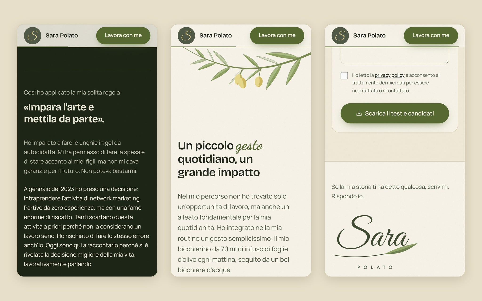 Tre schermate del sito di Sara Polato, dal telefono: il blocco scuro con la frase «Impara l’arte e mettila da parte», il ramo d’olivo sopra il titolo «Un piccolo gesto quotidiano, un grande impatto», e la firma in fondo alla pagina.